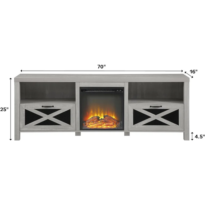 Walker Edison Calgary Industrial Farmhouse X-Drawer Metal Mesh and Wood Fireplace TV Stand for TVs up to 80 Inches, 70 Inch