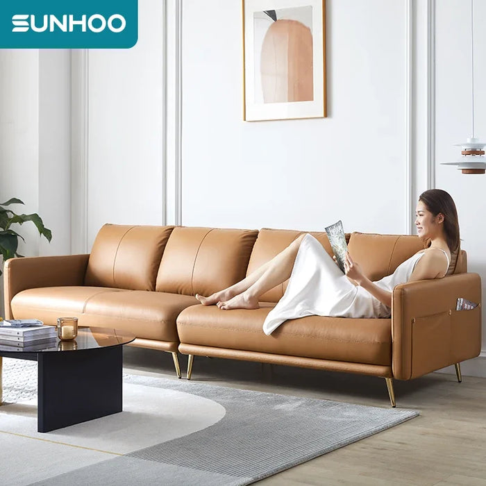 Leather sofa, living room, luxury, modern, high-grade brown sofa, office, straight-line sofa, Italian minimalist sofa