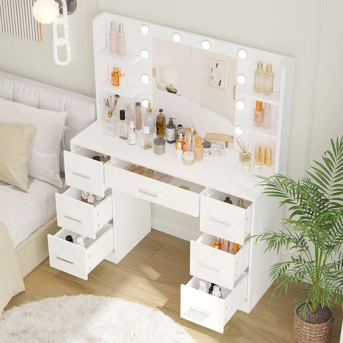 Vanity Desk, Makeup Vanity with 10 LED Lights & 7 Metal Sliding Drawers, Brightness Adjustable, Vanity Table with 6 Open
