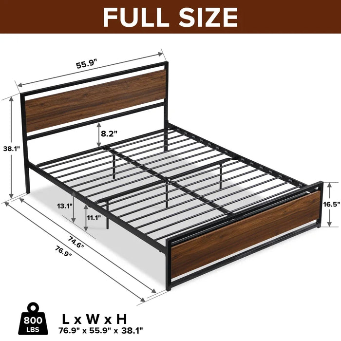 Industrial style platform large bed frame, with headboard and foot board, single bed, comfortable double bed, frame bed