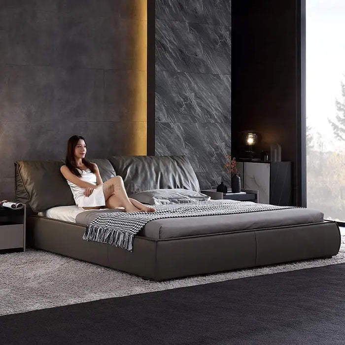 American Minimalist Leather Double Bed King Queen Size Master Bedroom Antique Wooden Furniture Post-Modern Luxury Wedding Bed