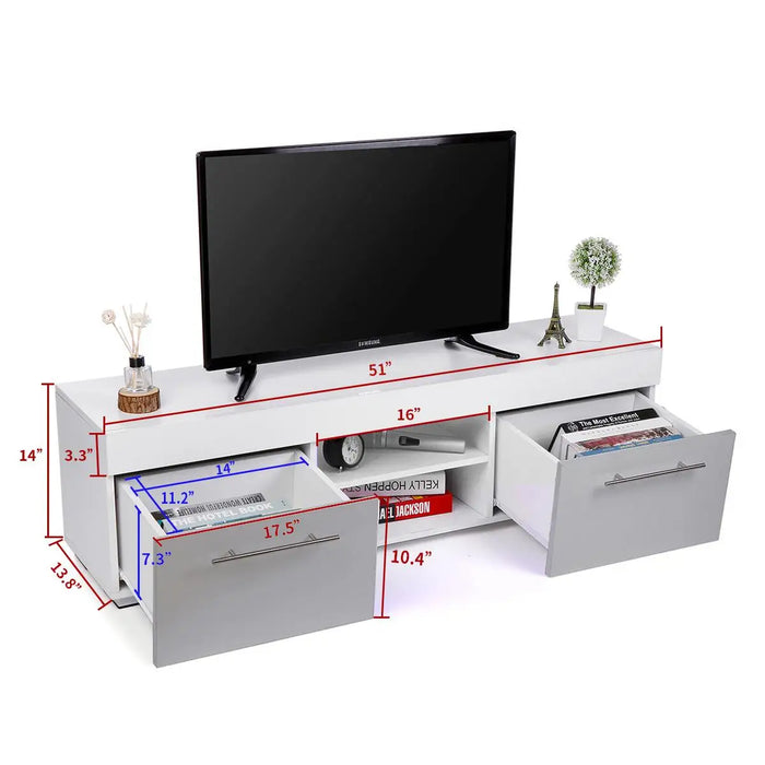51'' High Gloss Modern TV Unit Bracket with LED Light TV Stands Living Room Furniture TV Cabinet with 2 Drawers Home Furnishings