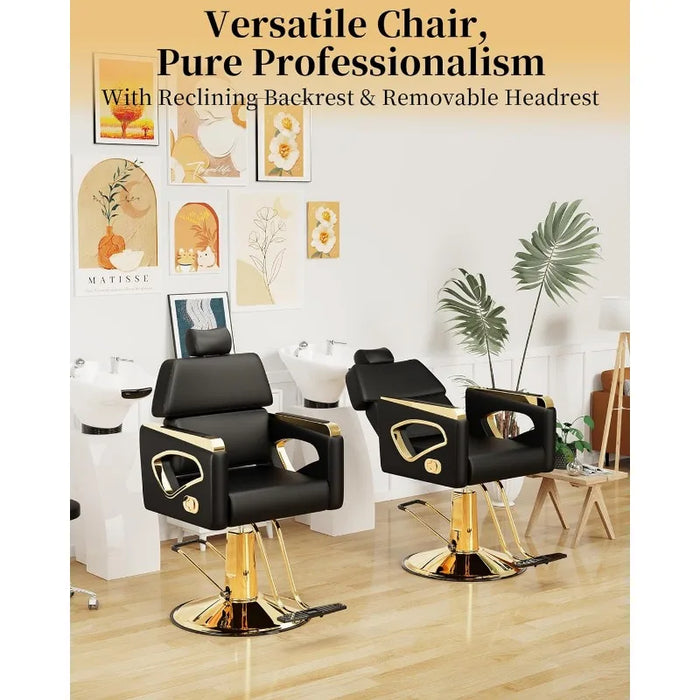 Reclining Salon Chair with Adjustable Backrest & Lumbar Support, Heavy Duty Black Gold Barber Chair with Durable Steel Frame