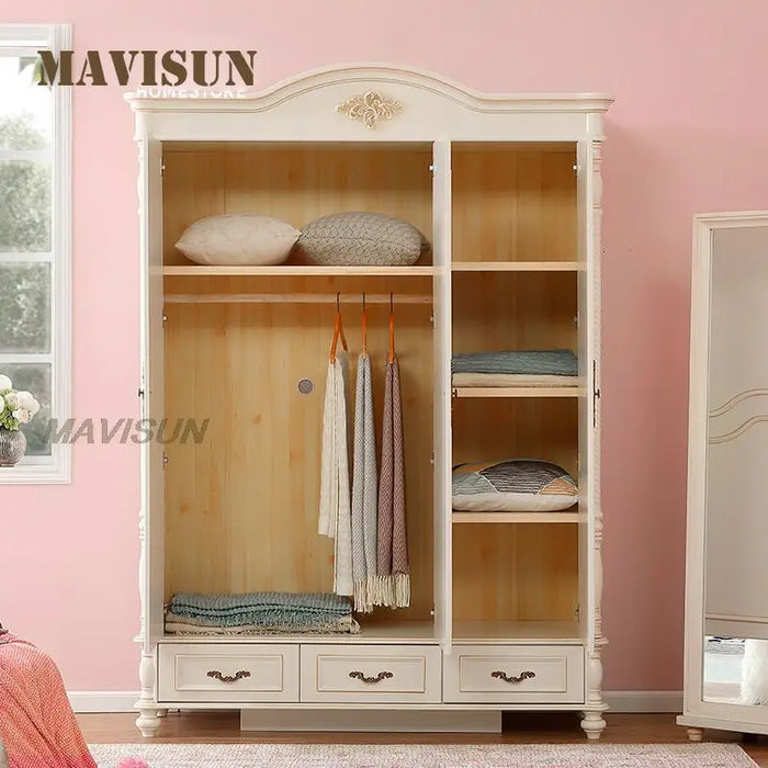 3 Door Light Luxury American Country Style Big Wardrobe Cabinet For Clothes Bedroom Small Apartment Solid Wood Drawer Storage