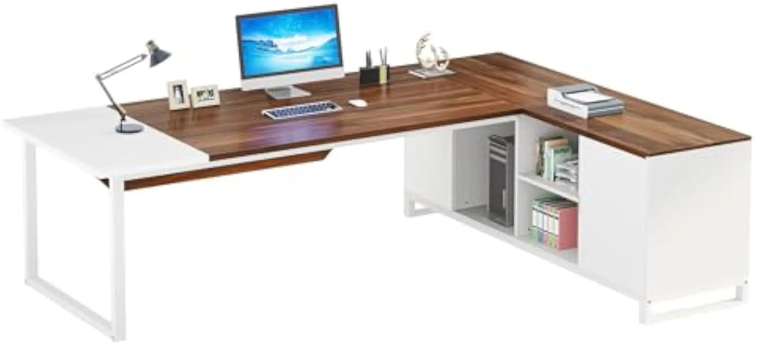 71" L Shaped Desk with 55" File Cabinet, Modern Executive Office Desk with Storage Shelves and Cabinet, Large L Shaped Executive