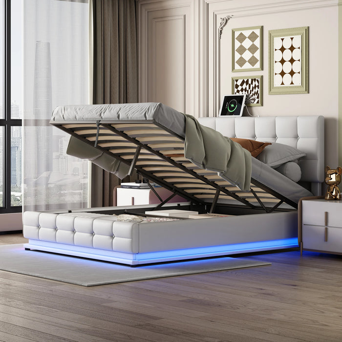 Tufted Upholstered Platform Bed with Hydraulic Storage System,Full/Queen Size PU Storage Bed with LED Lights and USB charger