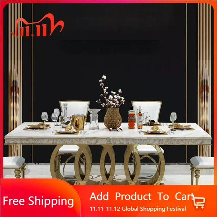 Post-Modern Marble Top-Grade Dining Table And Chairs Combination Stainless Steel Top Crown Apartment Golden Carved Furniture