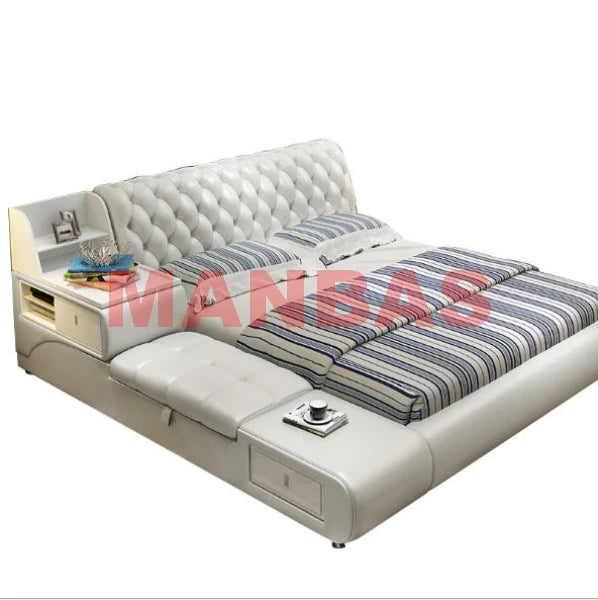 MANBAS Multifunctional Genuine Leather Bed with Storage Upgraded Tatami Beds Premium Upholstered Bed Frame for Bedroom Furniture