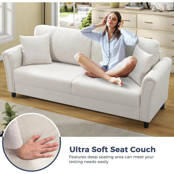 Modern Sofas Living Room, Fabric Comfy Deep Seat Couch with Metal Legs and 2 Pillows, Removable Back and Thickened Soft Cushion