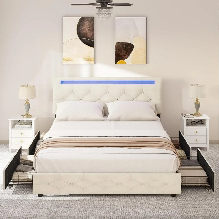 Led Bed Frame With 4 Storage Drawers, Adjustable Upholstered Headboard Platform Bed With Plank Support, No Need For A Spring Box