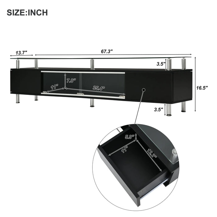Sleek Design TV Stand with Silver Metal Legs&Ample Storage Capacity Tempered Glass TV Cabinet for TV Up to 70" White/Black[US-W]