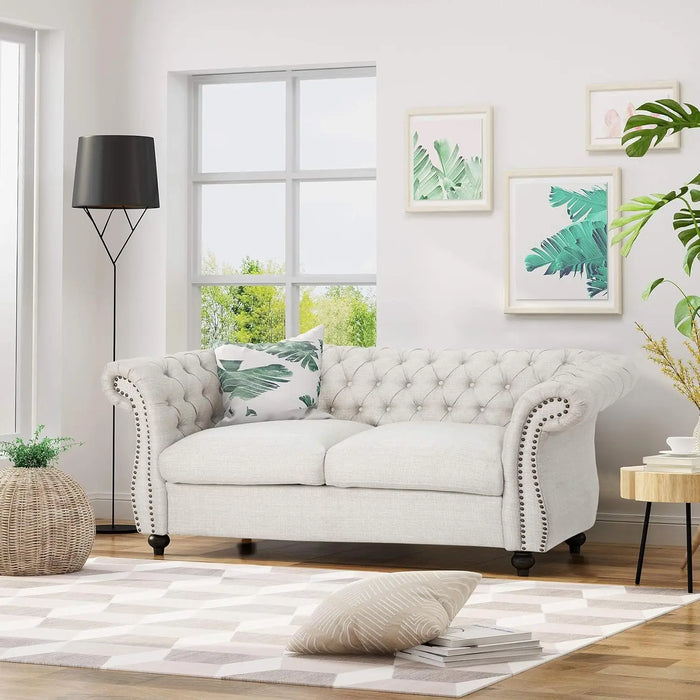 Christopher Knight Home Karen Traditional Chesterfield Loveseat Sofa Beige and Dark Brown 61.75 X 33.75 X 27.75 Furniture