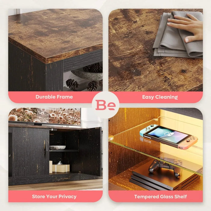 70 Inch Led TV Stand for 75 Inch TV Adjustable Glass Shelves Two Cabinets TV Console for Living Room,Golden Black