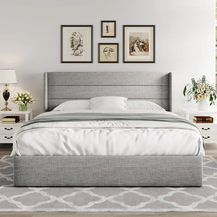 Bedroom furniture large lift storage bed, modern wing-back headboard, no springs required, hydraulic storage, light beige