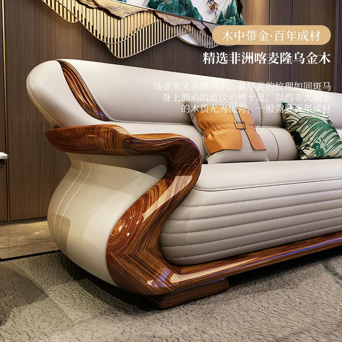 New Chinese Genuine Leather Light Luxury Living Room Small Apartment Ugyen Wooden Sofa Combination Furniture