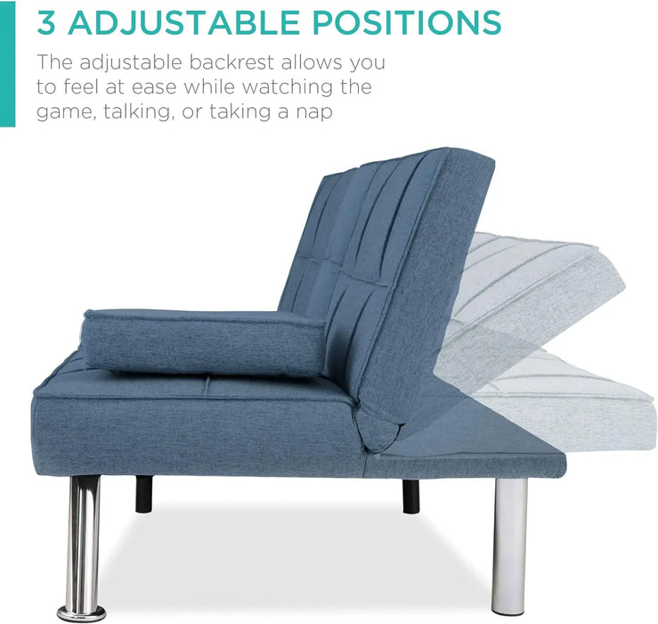 Linen Modern Folding Futon, Reclining Sofa Bed for Apartment, Dorm w/Removable Armrests, 2 Cupholders