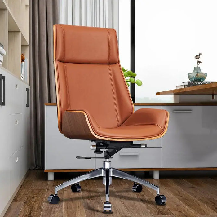 [Flash Sale]Middle Century Height Back Genuine Leather Office Chair Lifting Swivel Boss Chair[US-W]