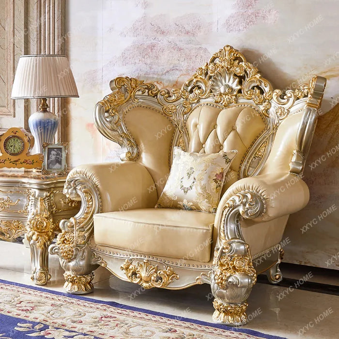 Sofa Leather Solid Wood High-End Villa Living Room Set Solid Wood Carved Large Apartment