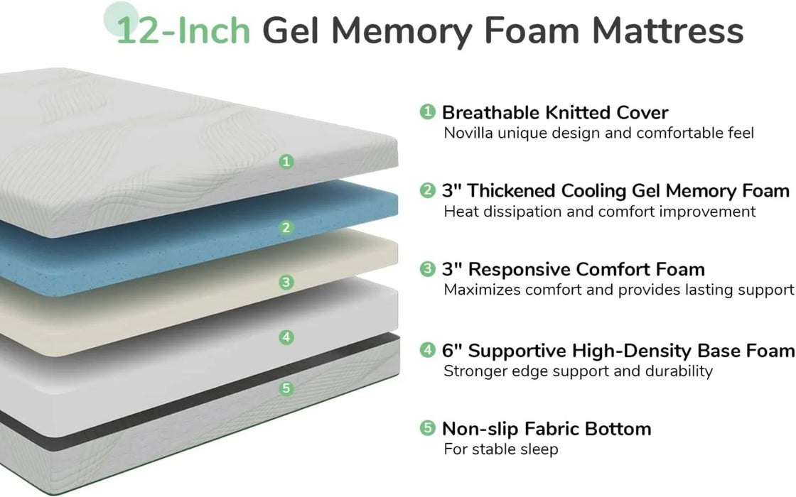 Queen Mattress, 12 Inch Gel Memory Foam Mattress Cooling Queen Size Mattress in a Box for Back Pain Relief, Medium Firm Mattress