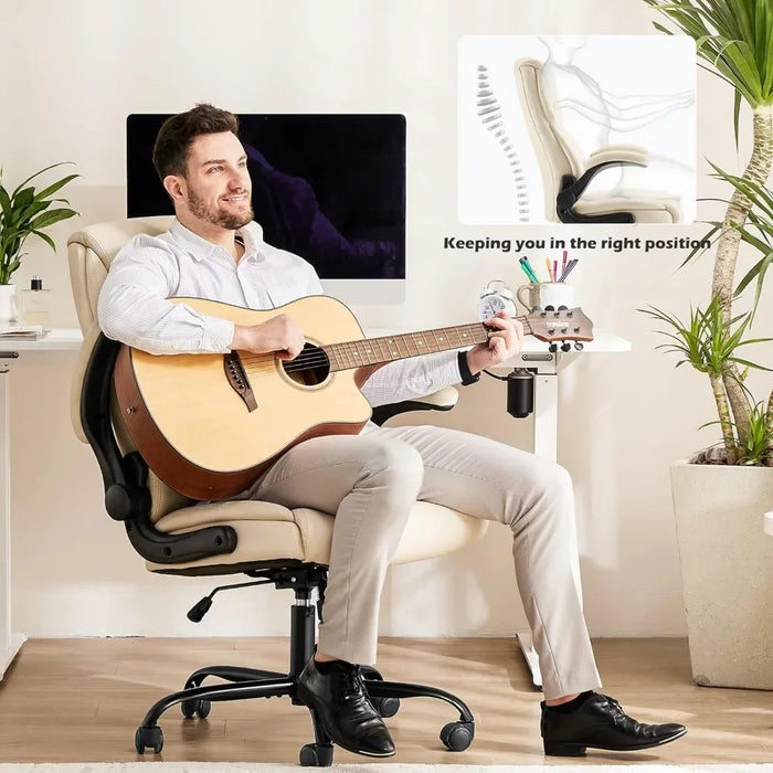 High Back Big and Tall Leather Office Desk Chairs with Flip Up Arms Lumbar Support, Adjustable Height,Wheels, Soft Padded, Cream