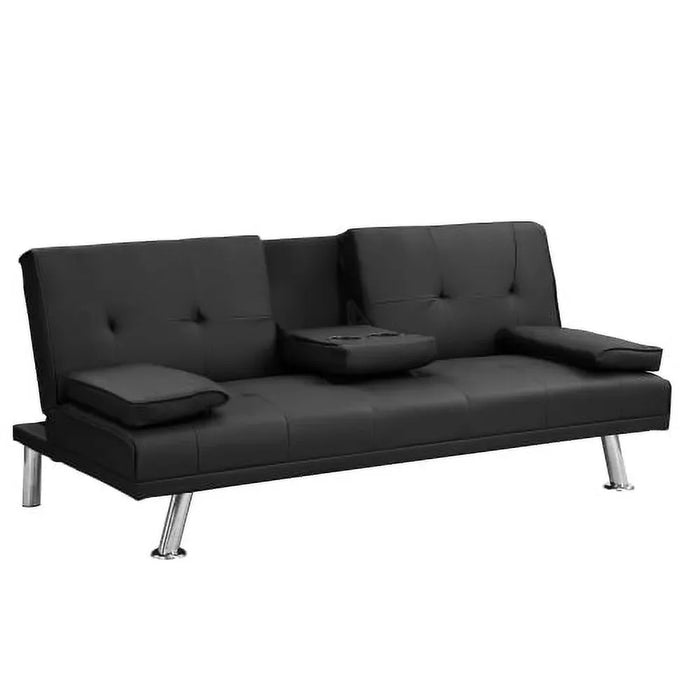 Modern Faux Leather Futon With Cupholders and Pillows Sofa Living Room Sofas Black Furniture Home Sofa