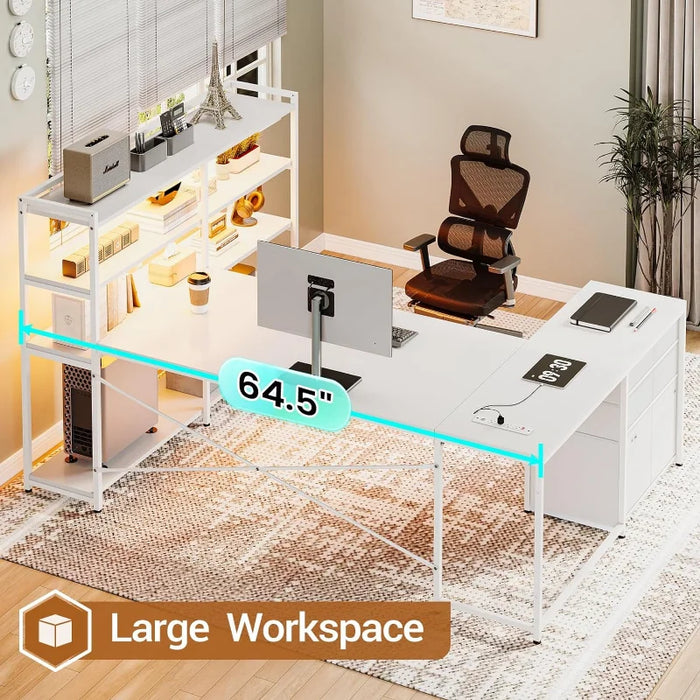 SEDETA L Shaped Computer Desk, Reversible U Shaped Home Office Desk with 3 Fabric Drawers and Storage Shelves, L Shaped Desk wit