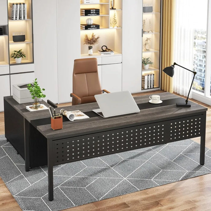 70.8" Executive Desk with Lateral File Cabinet, Wooden Workstation L-Shaped Computer Desk Large Home Office Writing Desk