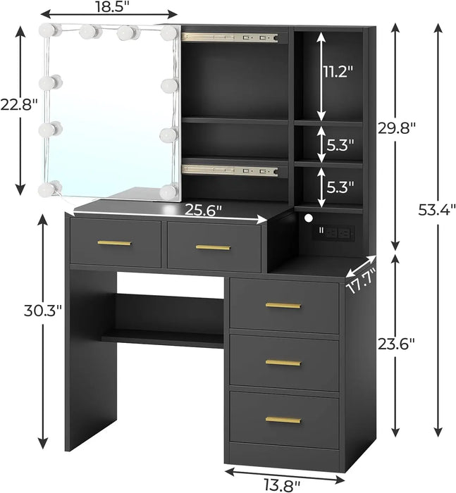 BTHFST Vanity Desk with Sliding Mirror and Lights, Makeup Vanity with Lights, Charging Station and Nightstand, Makeup Table