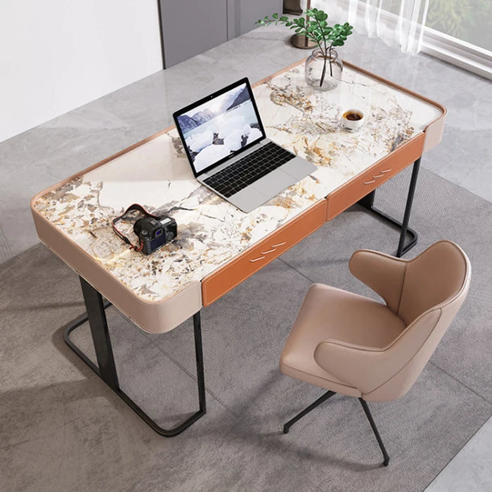 Modern home executive office desk resin table top saddle leather golden legs luxury antique study table