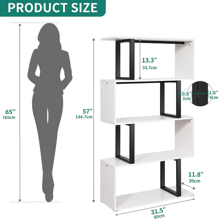5-Tier Bookshelf, S-Shaped Z-Shelf Bookshelves and Bookcase, Modern Freestanding Multifunctional Decorative Storage She