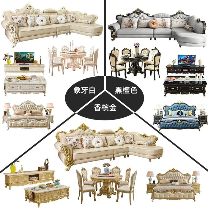 TuyaEuropean Style Sofa Leather Sofa Tea Table TV Cabinet Dining Table Combination Sofa Living Room Small Family Custom