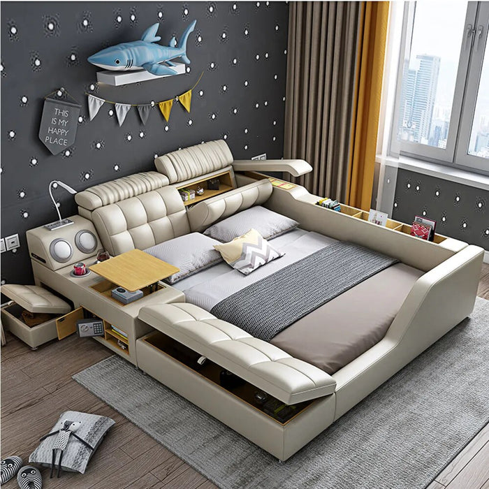 Linlamlim Tech Smart Bed 2 People - King Size Multifunctional Ultimate Bed Frame Queen with Genuine Leather,Bluetooth Speaker