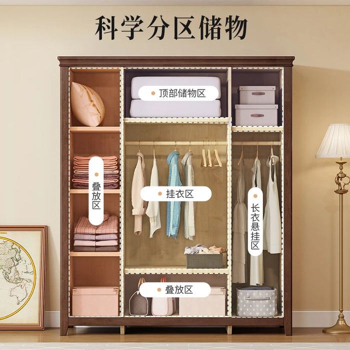 Solid wood wardrobe, household bedroom storage, four door wardrobe, French style wardrobe, glass door shoe cabinet