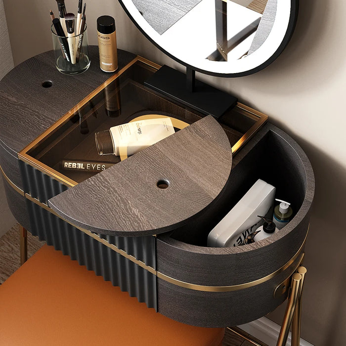 Dressing table,storage dressing table makeup stool set, super storage, LED light makeup mirror, smoky black matte color