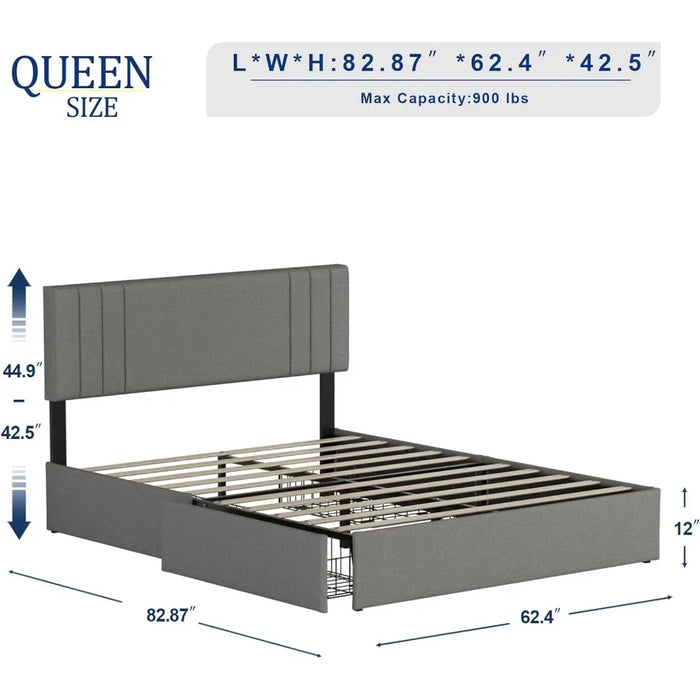 Bed Frame, Upholstered Large with 4 Storage Drawers and Adjustable Headboard, Sturdy Plank Support, Platform Bed Frame