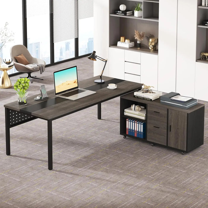 70.8" Executive Desk with Lateral File Cabinet, Modern Thickened Wooden Workstation L-Shaped Computer Desk Large