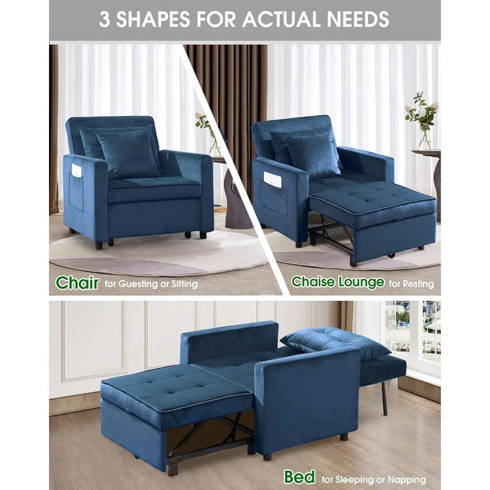 Convertible Sleeper Chair Bed 3 in 1, Adjustable Recliner,Armchair, Sofa, Bed, Flannel, Dark Blue, Single One