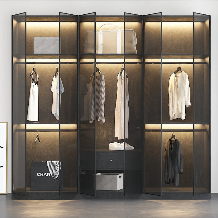 Modern simple glass door, wardrobe, LED sensor light, door to door, bedroom wardrobe