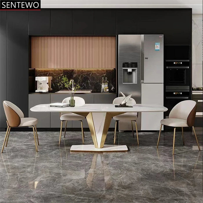 Luxury  Rock Slab Kitchen Dining Table Dinning Chair Set Stainless Steel Golden Base Faux Marble Table Chair Muebles De Cocina
