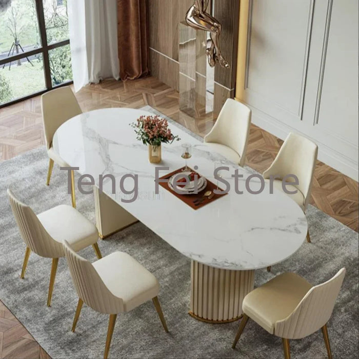 White Minimalist Light Luxury Bright Rock Plate Dining Room Set Modern Chairs Household Living Room Tavolo Pranzo Furniture WK