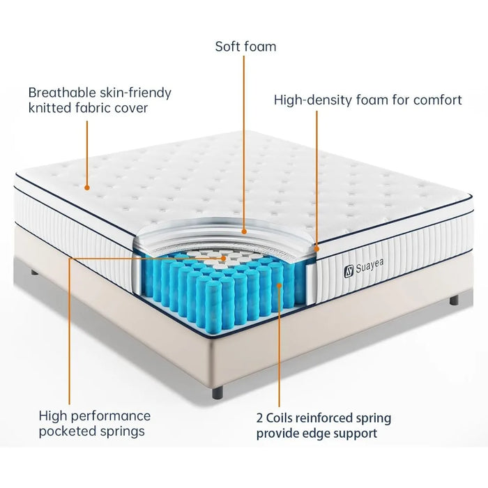 10 Inch King Size Mattress in a Box, Upgraded Strength Hybrid Mattress with Pocket Spring and Soft Foam