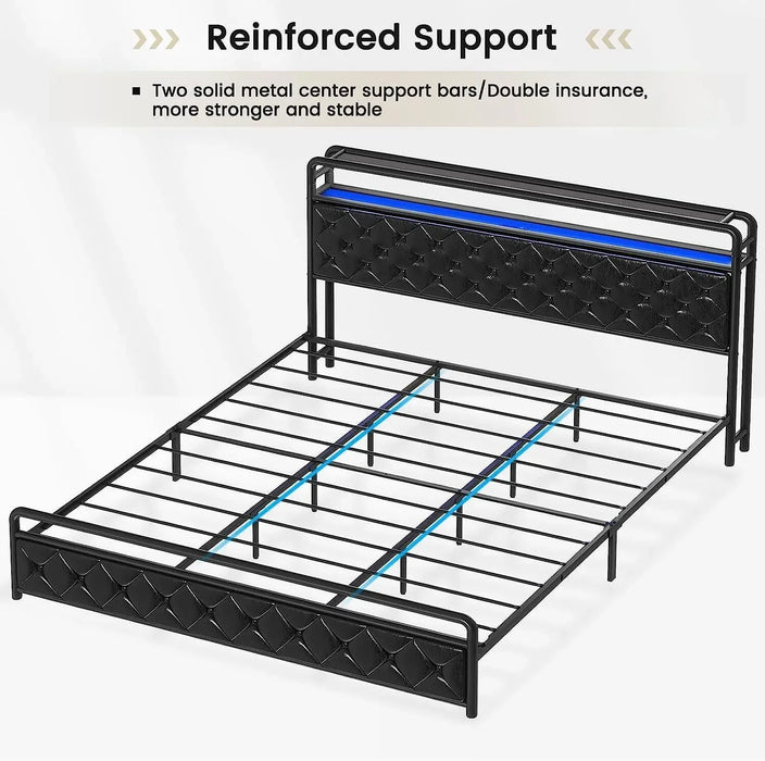 Bed Frame with Faux Leather Headboard Platform Bed, Black