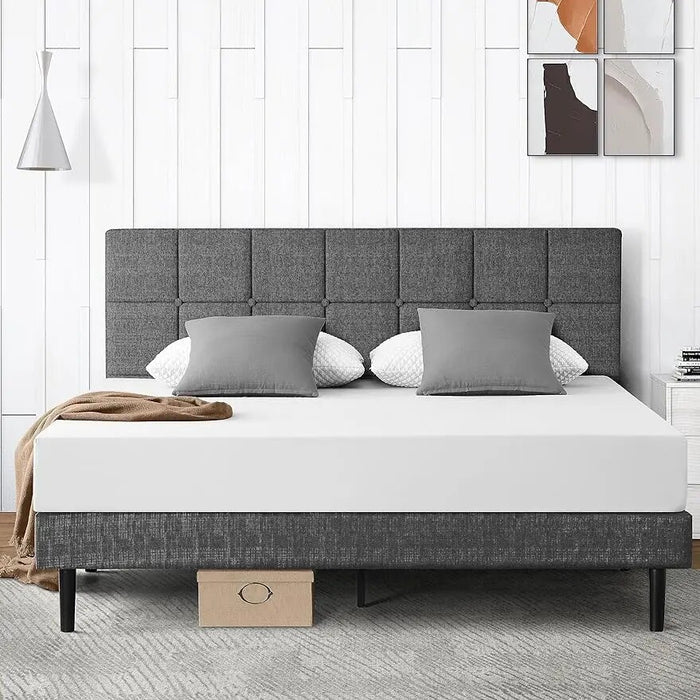 Molblly Queen Bed Frame with Upholstered Headboard, Platform Bed Frame with Sturdy Wood Slat, Linen Fabric Wrap, Non-Slip