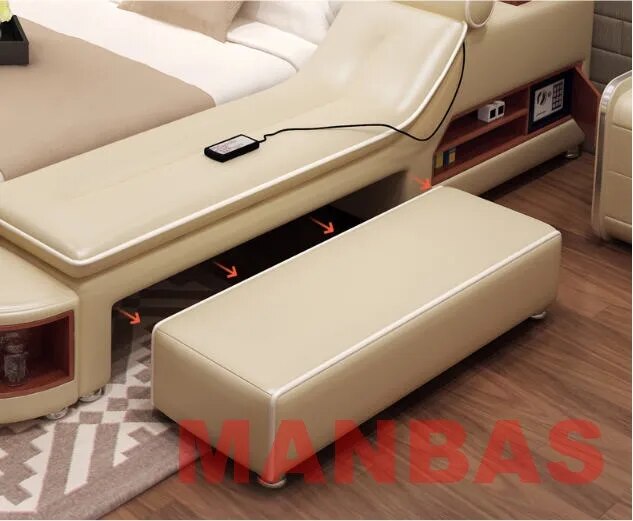 MINGDIBAO Massage Bed - Tech Smart Bed with Multifunctional Bed Frame, Genuine Leather, USB, Bluetooth Speaker and Safe Bedroom