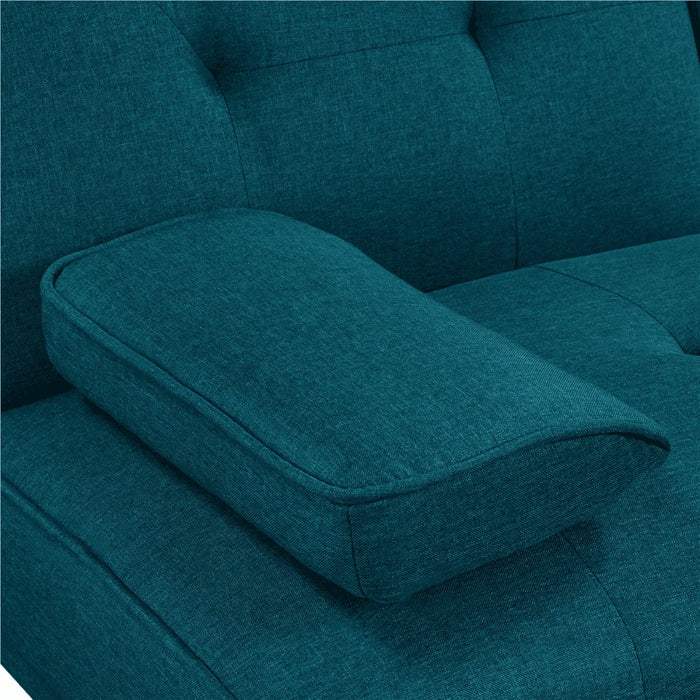 Modern Fabric Reclining Futon with Cupholders and Pillows, Aqua Blue, Suitable for Small Apartments, Lofts, Dorms