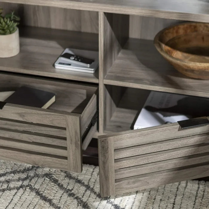 Modern Slatted Wood TV Stand for TV's up to 80" Universal TV Stand for Flat Screen Living Room Storage Cabinets and Shelves 70in