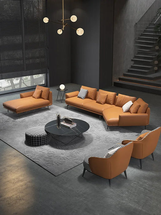 Leather Sofa Combination Living Room Modern Orange Corner Sofa Light Luxury Ins Style