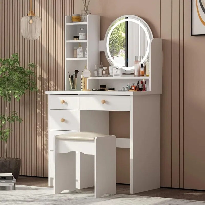 Makeup Vanity Set Dresser Desk with 5 Drawer and Shelf Round Mirror with Touch Screen and Light Vanity Set with Cushioned Stool