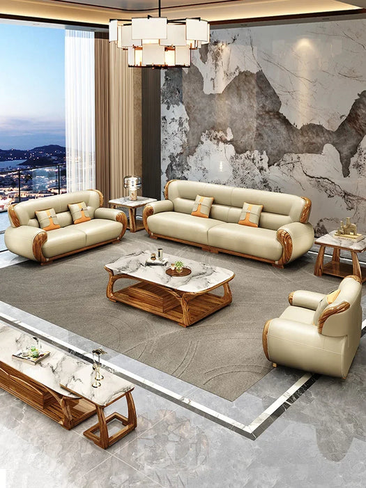 New Chinese Style Ugyen Wood Leather Sofa Living Room Yellow Leather New Solid Wood Combination
