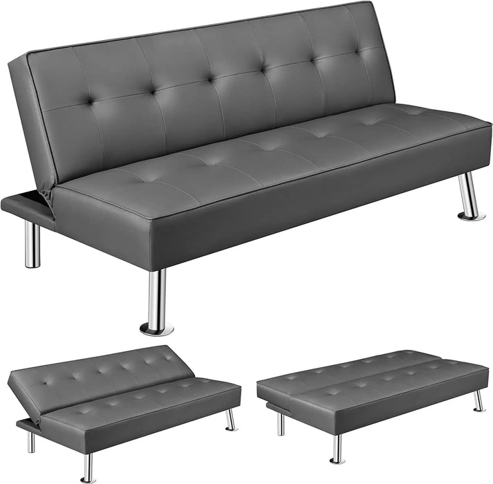 Convertible Sofa Couch Futon Bed Faux Leather Sofa Bed Sleeper Adjustable Loveseat Futon Couch Living Room Furniture with Chrome